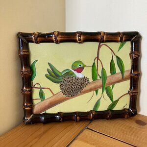 Ruby Throated Hummingbird Original Painting Signed Cindy 6x8" Bamboo Frame